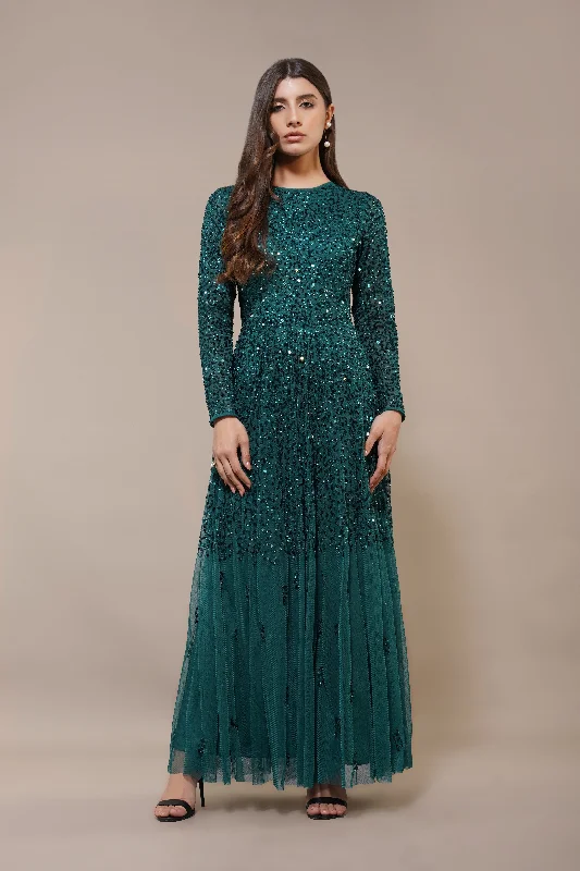 Bold and beautiful clothing for every woman   Sila Long Sleeve Embellished Maxi Dress in Emerald Green