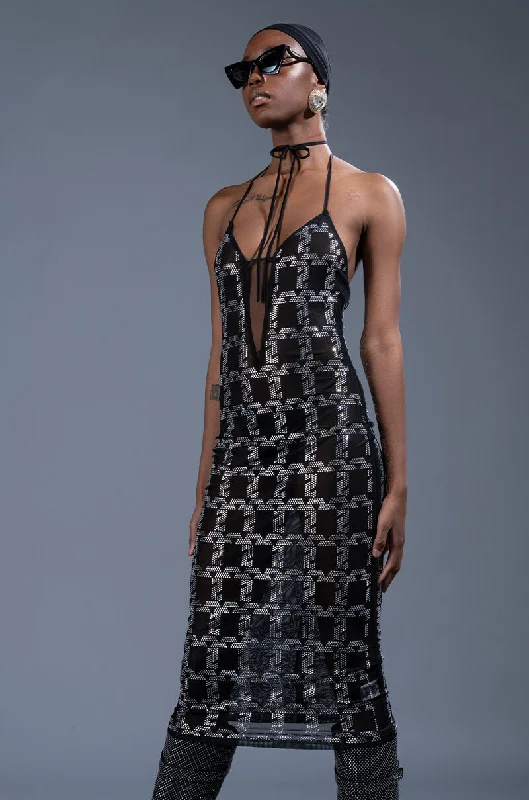 Trendsetting women’s clothing for fashion lovers   CHAIN ME UP RHINESTONE MESH MIDI DRESS
