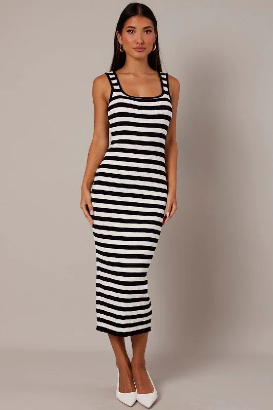 Discover the latest trends in women’s fashion   Beige Stripe Knit Midi Dress Sleeveless Scoop Neck Bodycon Rib