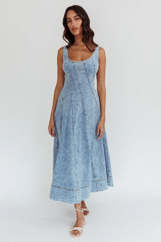 Sustainable fashion for stylish women   Ellora Side Pocket Midi Dress Denim Blue