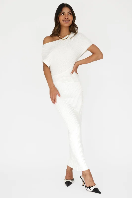 Chic, modern looks for the stylish woman   Kaelyn Asymmetric Neck Knit Maxi Dress White