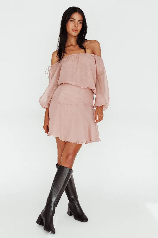 Premium quality women’s clothing at affordable prices   Mariona Off Shoulder Long Sleeve Mini Dress Blush
