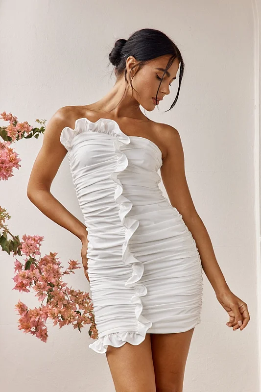 Women’s clothing that combines comfort and style   Summer Dawn Ruffle Trim Ruched Mini Dress White