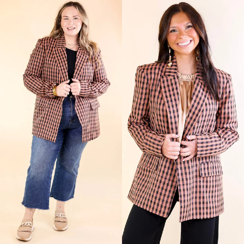 Timeless clothing pieces every woman should own   Coffee And Smiles Double Button Plaid Blazer with Long Sleeves in Terracotta Brown and Black