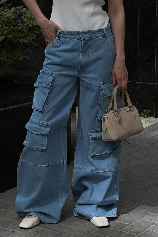 High-fashion styles at affordable prices   Solid Color Punk Multi Pocket Wide Leg Jeans