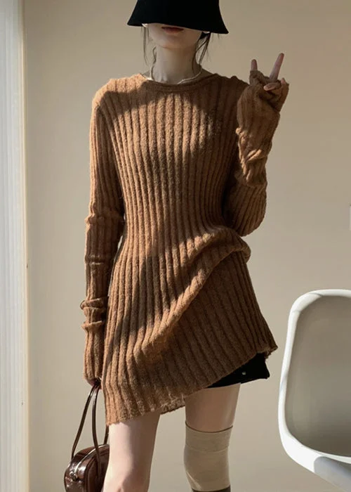 Chic for every occasion and style   Coffee Solid Loose Knit Sweater Mid Dress O-Neck Fall