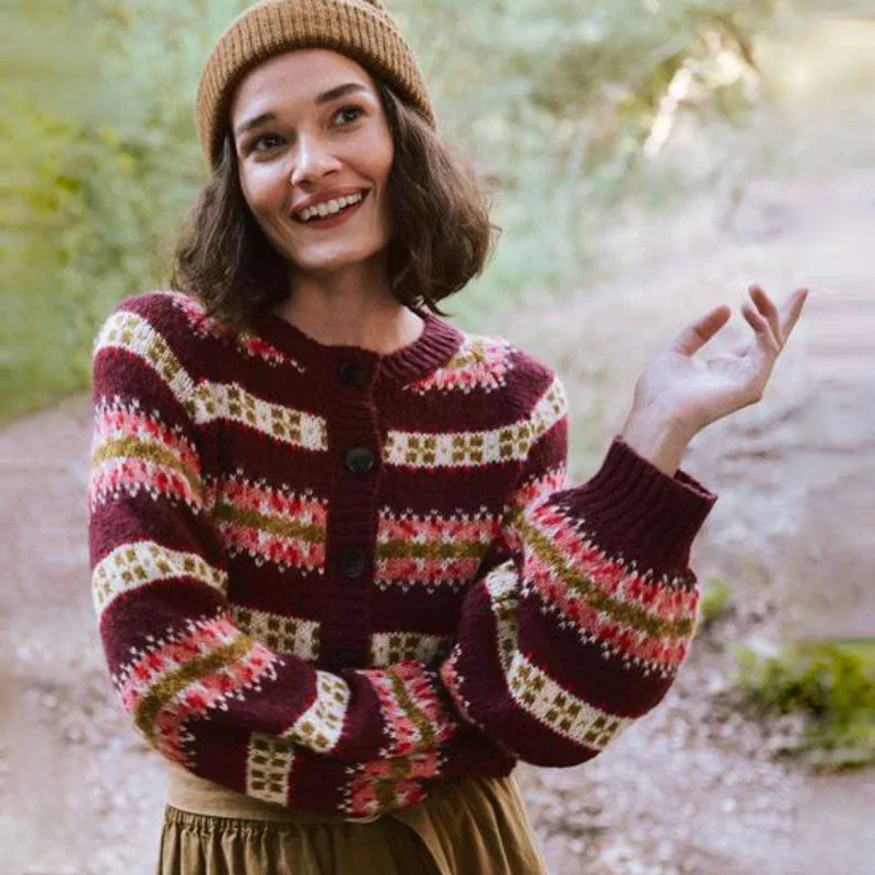 The ultimate destination for women’s clothing   Retro Burgundy Fair Isle Striped Pattern Balloon Sleeve Button Up Cardigan