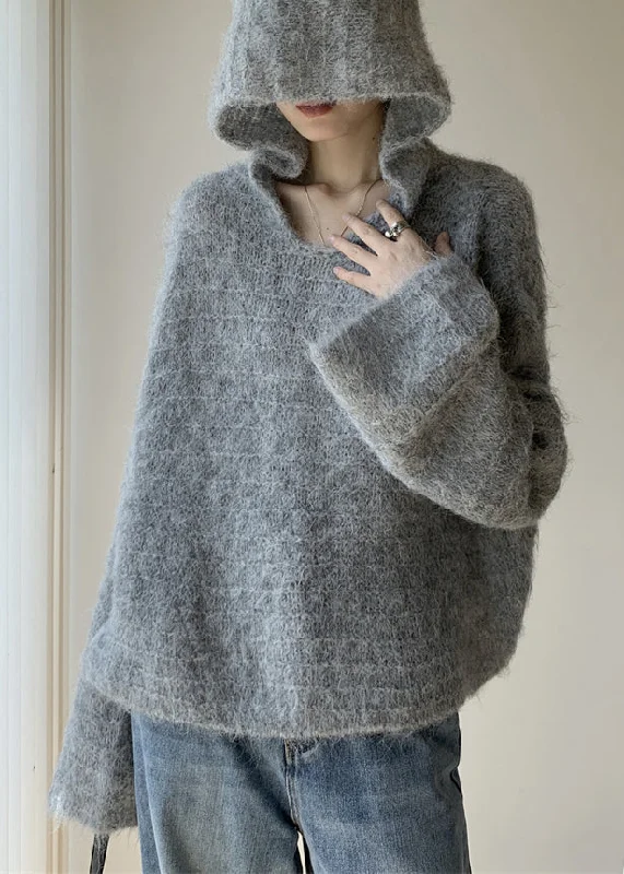 The ultimate destination for women’s clothing   Women Grey Hooded Solid Cotton Knit Sweaters Winter