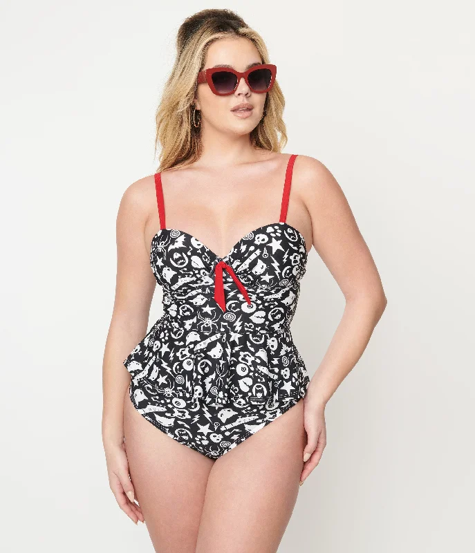 Iconic women’s outfits that never go out of style   Emily The Strange x Unique Vintage Black & White Tankini Swim Top