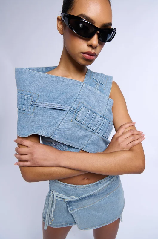 Elegant evening wear for special events   NO SHOW CROP DENIM VEST TOP