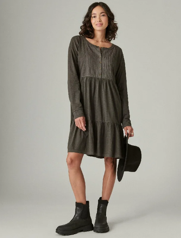 Trendy women’s clothing with a modern twist   Lucky Brand Women's Pintuck Tiered Knit Henley Dress