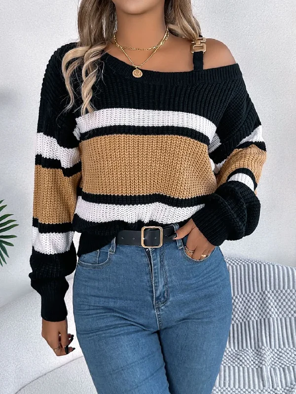 Elegant and comfortable women’s fashion wear   Chic asymmetrical neck sweater in color block
