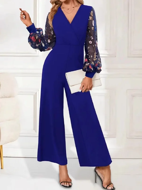 Chic and comfortable clothing for busy women   Surplice Embroidered Long Sleeve Wide Leg Jumpsuit