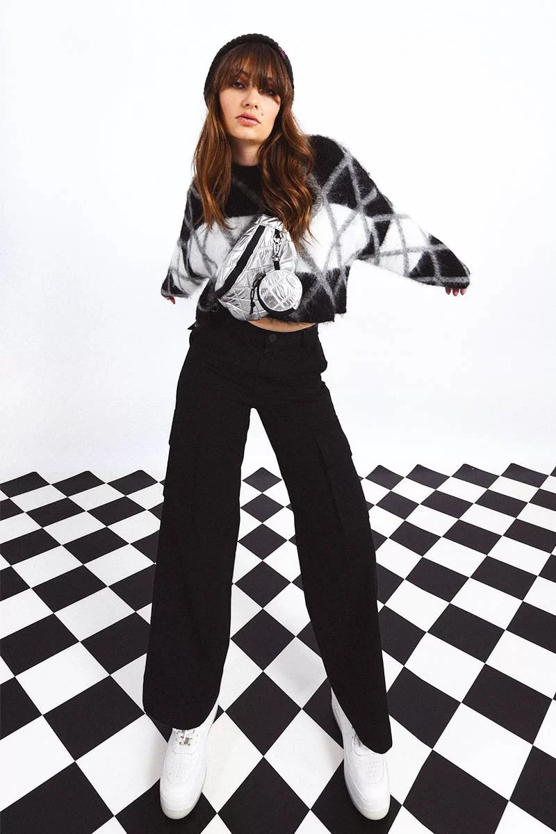 Versatile outfits to transition from day to night   Lili Sidonio Diamond Print Knitted Sweater